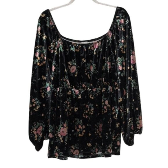 Cato Tops - Cato Velvet Floral Babydoll Shirt Womens Size Large Black Stretch Peasant Blouse
